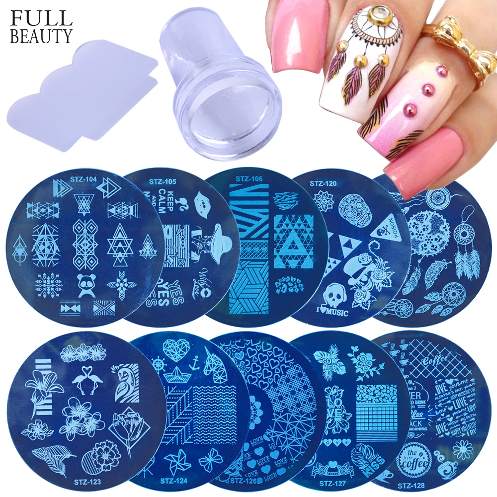 10pc Geometry Round Nail Stamping Plate+5pc Sponge+1pc Clear Silicone Art Stamper Scraper Image Plate Manicure Set CH374|Шаблоны для