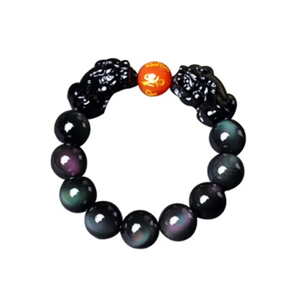 Модный 10 мм натуральный Радужный глаз черный обсидиан пиксиу браслет мужские