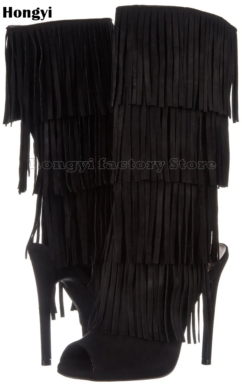 

New arrive Autumn Spring Black Faux Suede Leather Long Fringe Thin High Heeled Boots Women Peep Toe Stiletto Heel Mid-Calf Boot