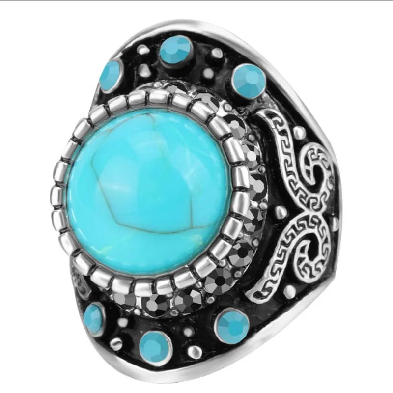 

2018 Retro Natural Blue Turquoises Rings Men Vintage Ring Male Jewelry bague homme