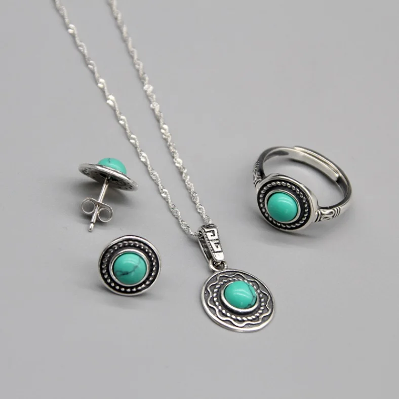 green turquoise set S925 стерлингового серебра Цепочки и ожерелья серьги Открытое кольцо комплект из 3 предметов монгольский Национальный Стиль Серебро Личность Классическая мода - Цвет камня: green turquoise set