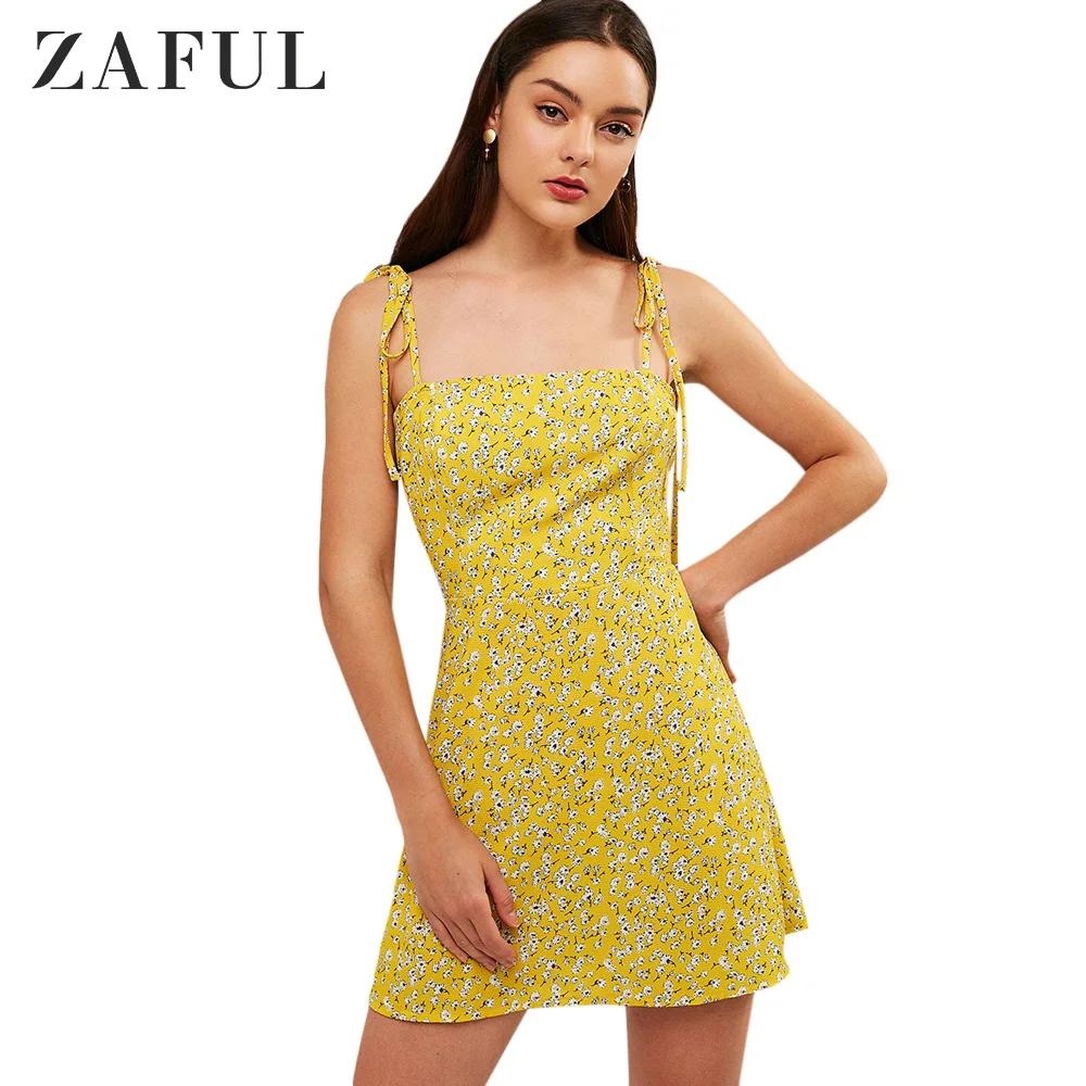 ZAFUL/мини сарафан на бретельках с цветочным узором и завязками маленький