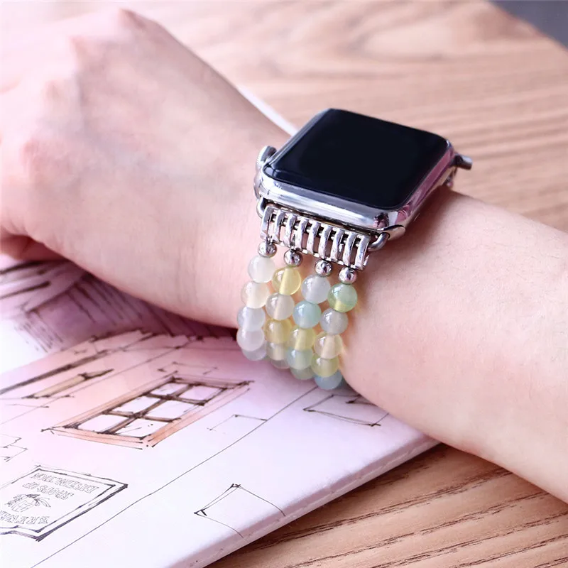 Новые агатовые бусины для часов iwatch для женщин из натурального камня ремешок для часов Apple 38 мм 42 мм эластичный сменный Браслет для часов