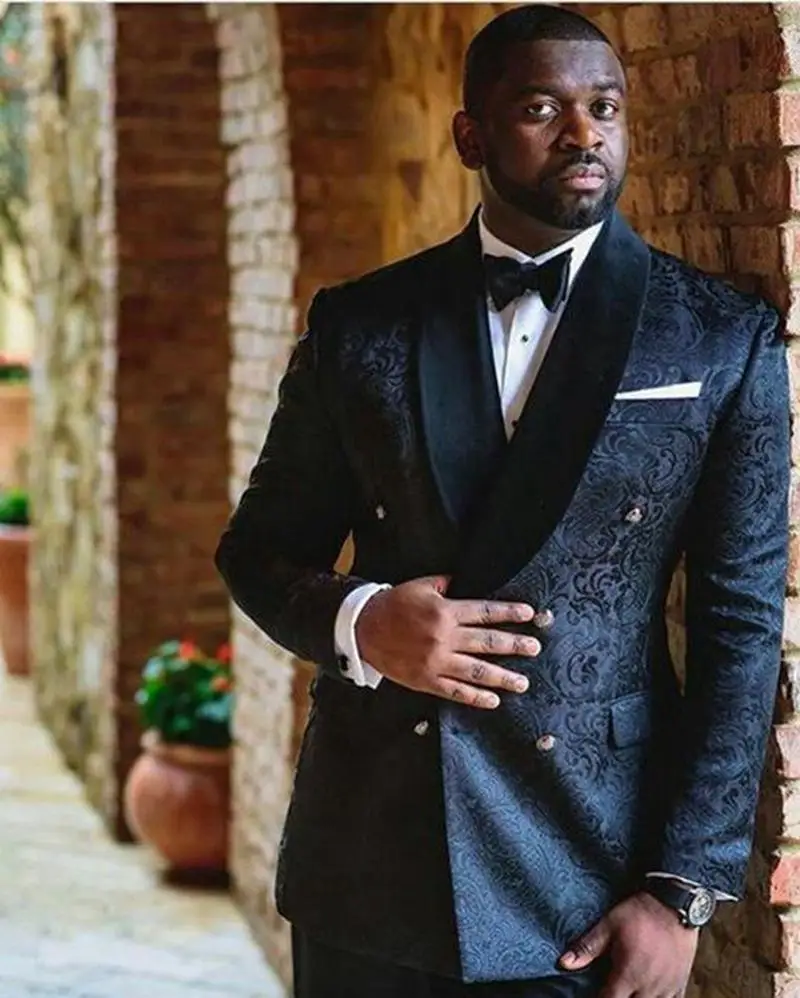 

Black Jacquard Fabric Men Blazer Suit Groom Tuxedo Man Dinner New Fashion Suits
