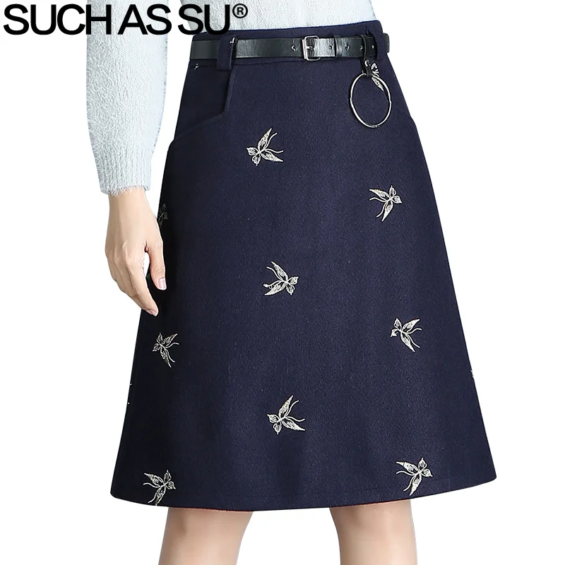 Dark blue Такие как SU Новая Мода Осень Зима шерстяные юбки женские черные темно-синие бабочки вышивка S-3XL Высокая талия трапециевидная юбка - Цвет: Dark blue