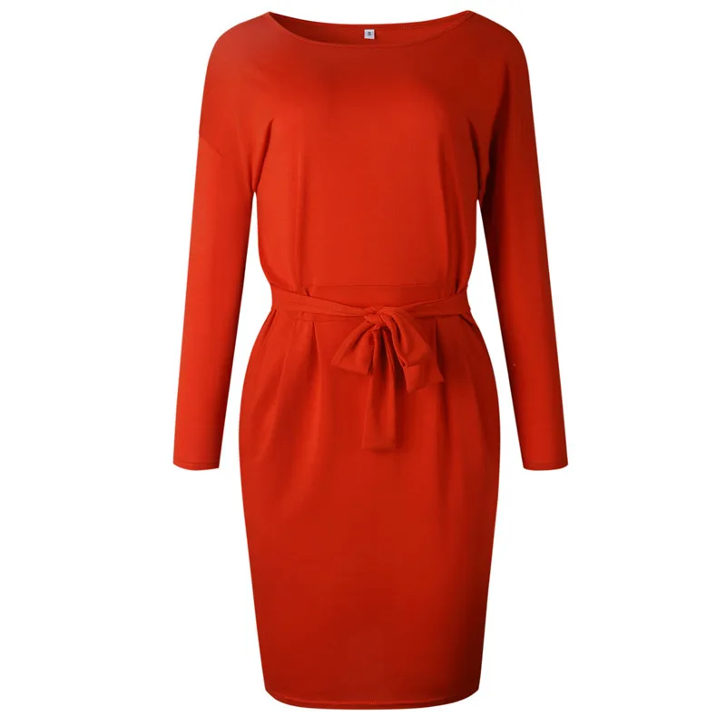 0997 Orange Red Новинка, Осеннее женское платье средней длины из хлопка, Повседневное платье с длинным рукавом и круглым вырезом, черное, синее платье размера плюс, женское облегающее платье с карманами - Цвет: 0997 Orange Red