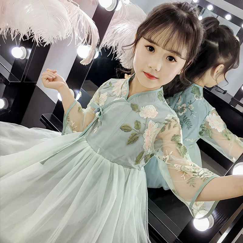 

Fashion Princess Dress Green Cheongsam Modern Children Yarn Skirt Qi Pao Traditional Chinese Clothing Girls Qipao Birthday Gown
