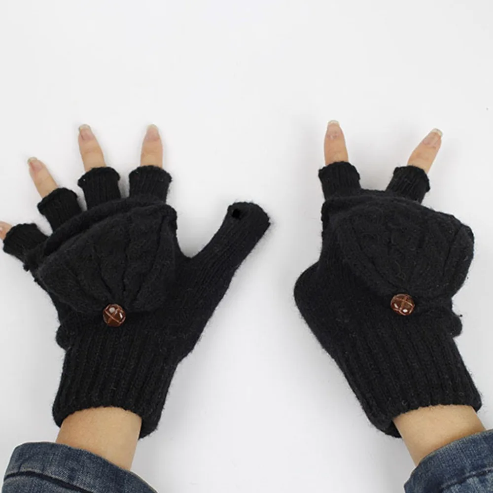 

Women Girls Winter Braided Knitted Half Finger Flip Gloves Student Solid Color Fingerless Convertible Mittens Wrist Warmer With