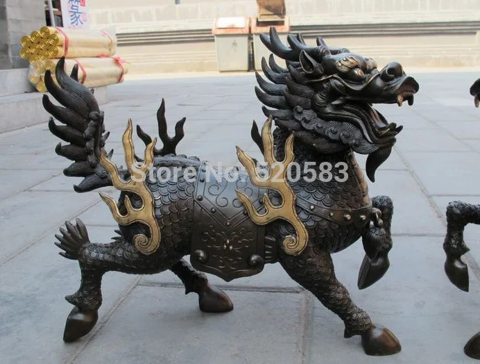 Китайские из Чистой Бронзы Foo Dog Dragon Lion Fire kylin Lucky statue Pair | Дом и сад