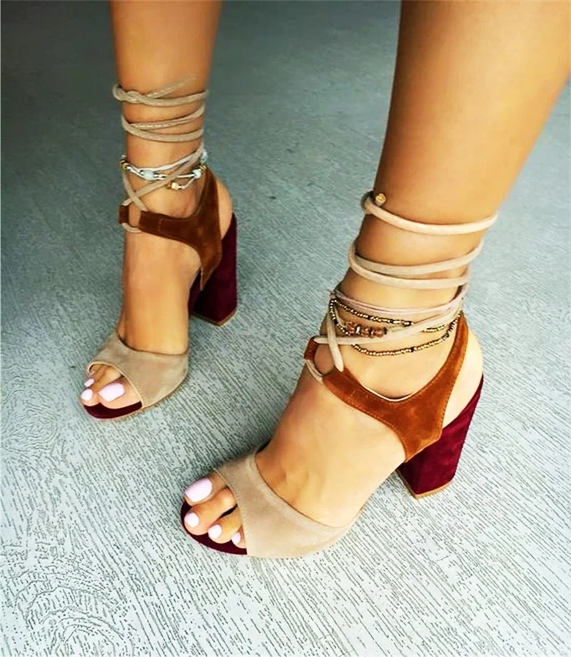 Beli Sandal Berenda Hak Tebal Sepatu Musim Panas Gaya Gladiator Tali Sempit Potong Bahan Kawanan Jari Terbuka Sepatu Pesta Landasan Pacu Wanita