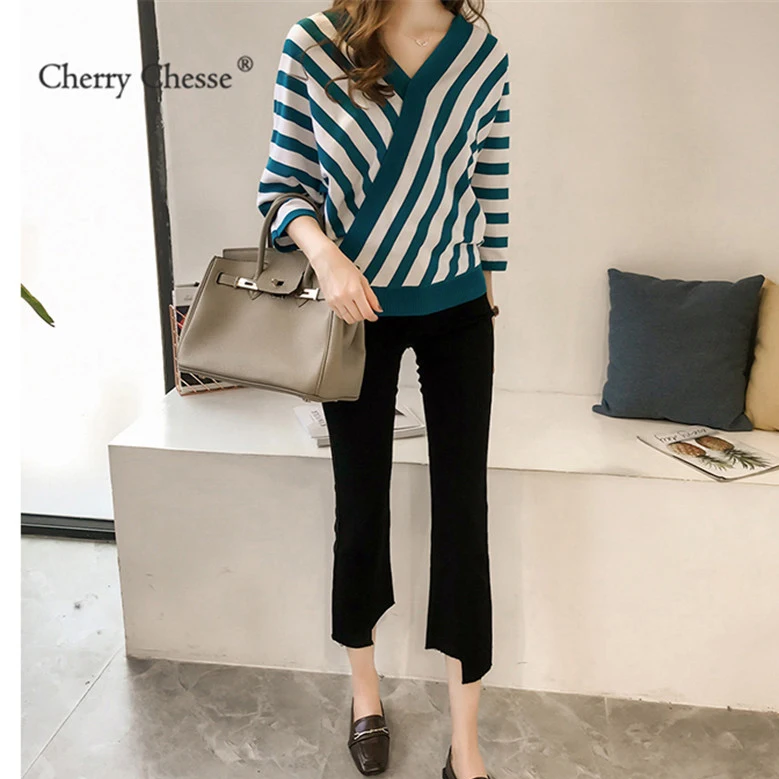 Cherry Chesse для женщин осень полосатый свитер с рукавом три четверти топы