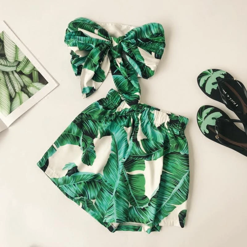 Женский топ без бретелек MUMUZI белая пляжная одежда с зеленым принтом и листочками