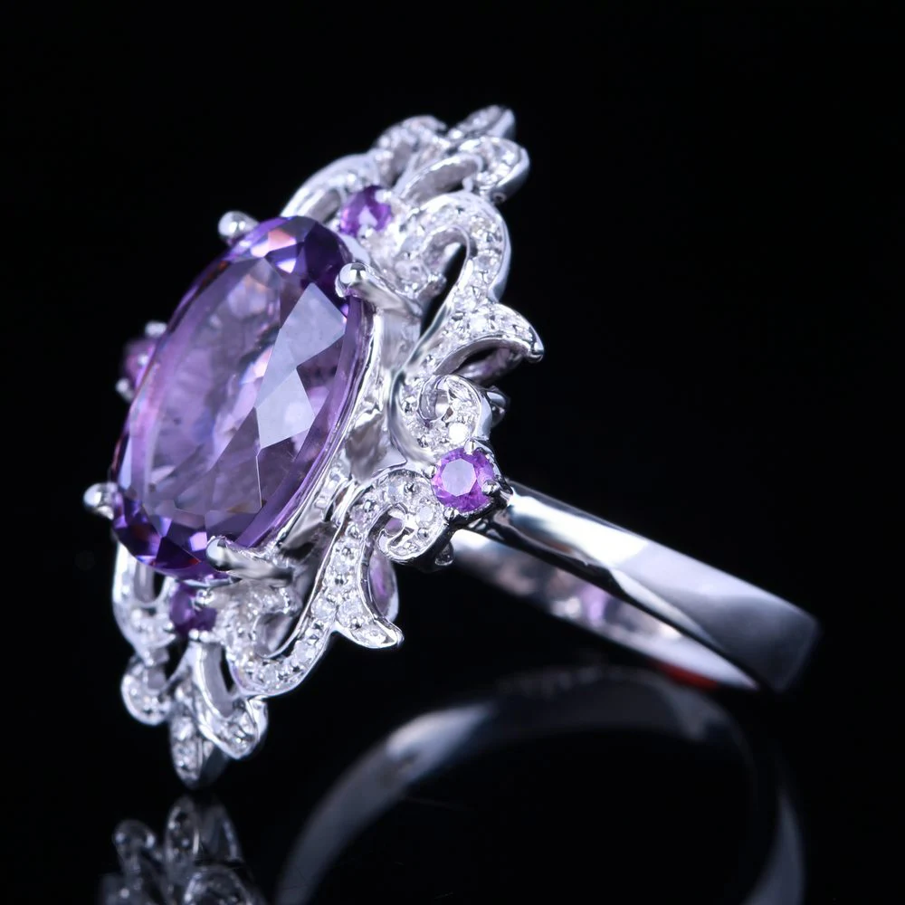 HELON 925 Sterling Silver Oval 4.54ct 100% Genuine Natural Amethyst Diamonds Ring Engagement Women Special Flowers Fine Jewelry | Украшения