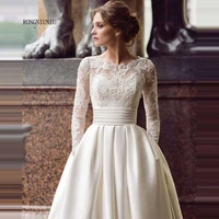 2019 new modest long sleeve wedding dresses turkey scoop satin appliqued a line bridal gown with pockets vestidos de novia