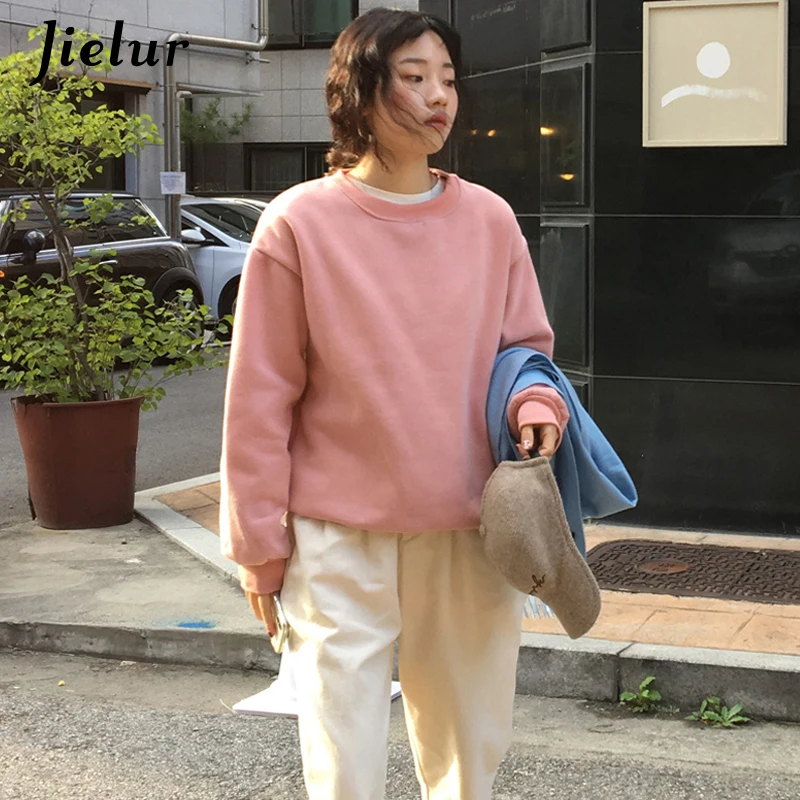 Jielur 12 однотонные толстовки Джерси женские Зимние флисовые корейские Harajuku толстовки женские Kpop Kawaii черные розовые женские s пуловеры