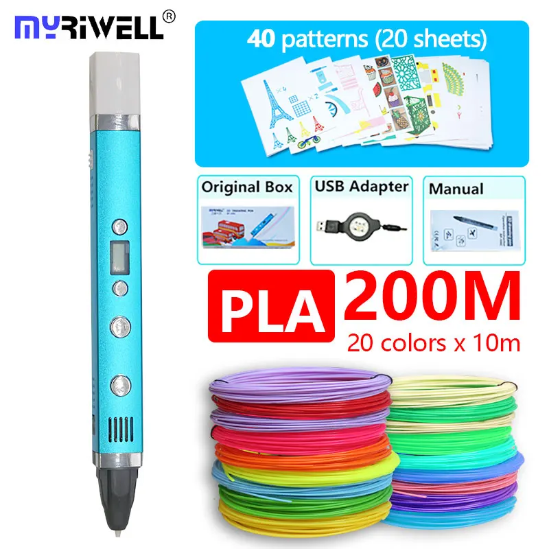 blue PLA200m Pattern Myriwell RP-100C использование pla abs pcl 1,75 мм нити 3d принтер ручка низкое напряжение безопасности металлический корпус USB 3d Ручка лучший рождественский подарок - Цвет: blue PLA200m Pattern