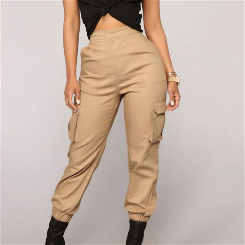 Женские шаровары брюки карго с высокой талией длинные карманами однотонные
