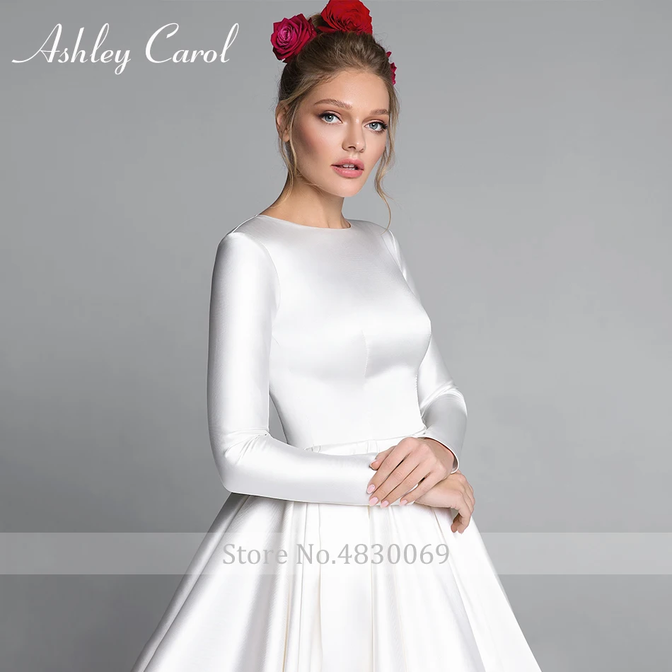 Ashley Carol/модное винтажное атласное свадебное платье с круглым вырезом и длинными рукавами; Новинка года; Простые Свадебные платья с часовым шлейфом; Vestido De Novia