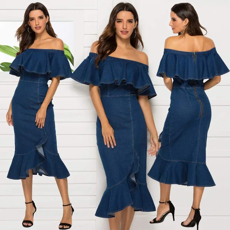 2020 новое летнее платье из джинсовой ткани Бандажное с открытыми плечами голубое