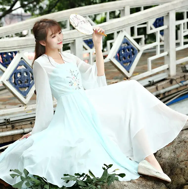 

Free Shipping 2017 Hot Sale Retro New Arrival Flare Sleeve Flower Embroidery Chiffon Long Dress