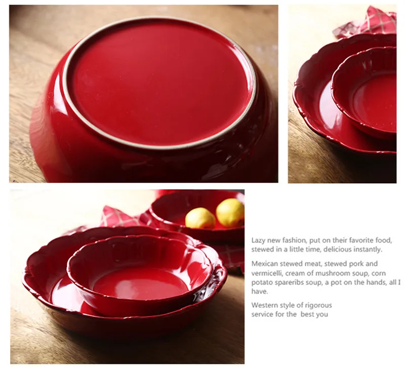 Ceramic Plate Round Tray Red Dish Platos Christmas Plate Griddle Pizza Plate Heat Resistant Soup Tray Delicate Tableware 1pcs