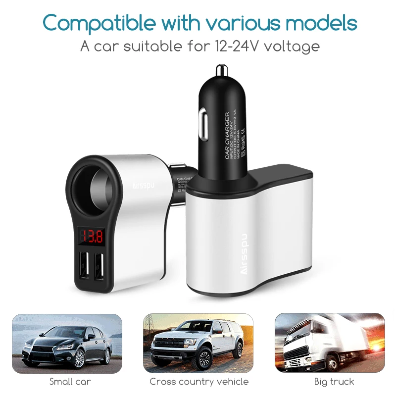 Airsspu автомобиля Зарядное устройство прикуривателя 2 Порты USB 2.1A для iPhone samsung