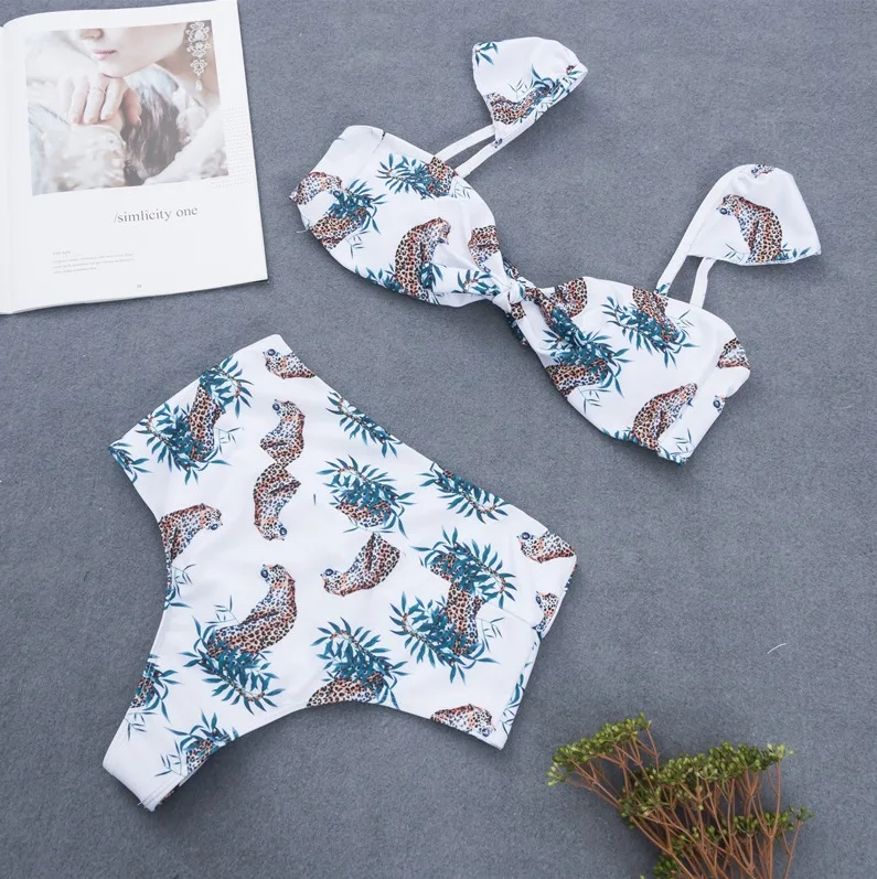 Комплект бикини с принтом и высокой талией бандо женский купальник пуш-ап рюшами