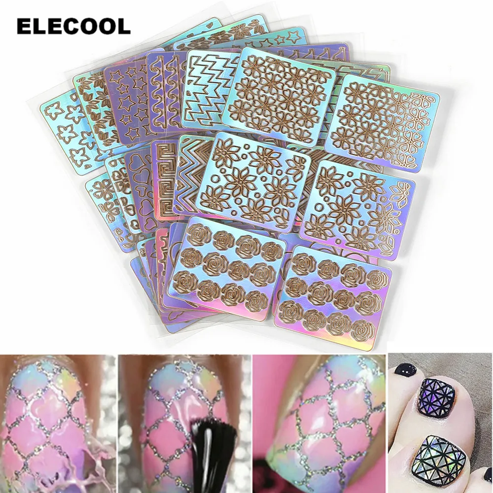 ELECOOL 6 листов цветной смешанный 3D дизайн ногтей полый Трафаретный трафарет