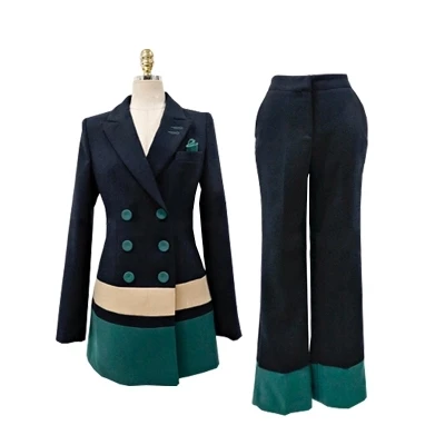 Женский деловой костюм синий блейзер в стиле пэтчворк + офисные длинные брюки