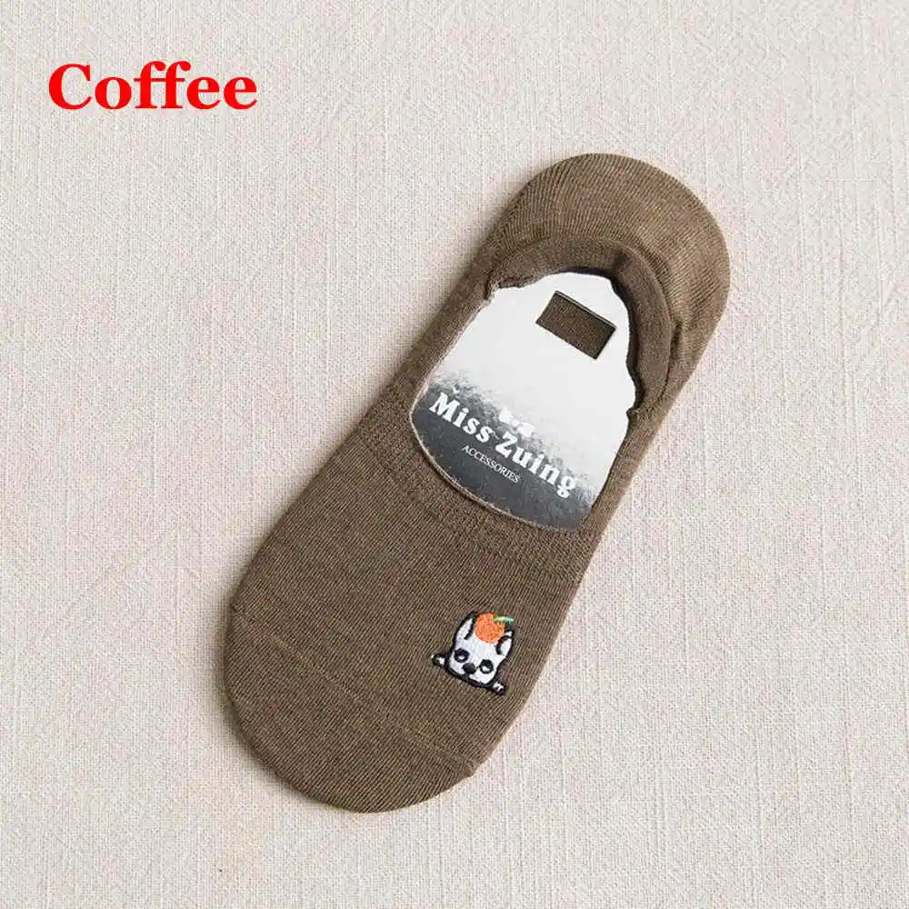 Coffee 1 пара, хлопковые носки-башмачки для женщин, милые носки-башмачки с вышивкой в виде животных, одноцветные невидимые Чулочные изделия, повседневные носки-башмачки - Цвет: Coffee