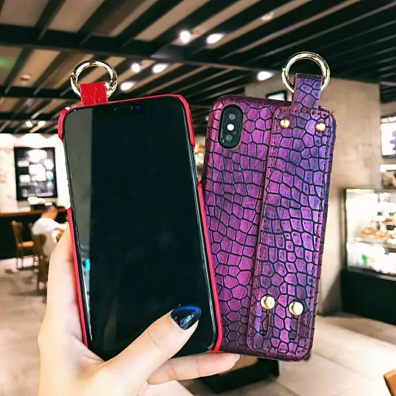 Luxury Crocodile Texture Leather Phone Case for iPhone X XS Max XR 6 6S 7 8 Plus Wrist Strap Protective Cases Back Cover Fundas |