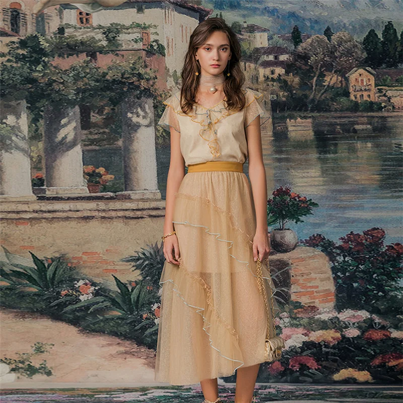 Женский комплект из 2 предметов: блузка с оборками и сетчатая юбка высокой талией