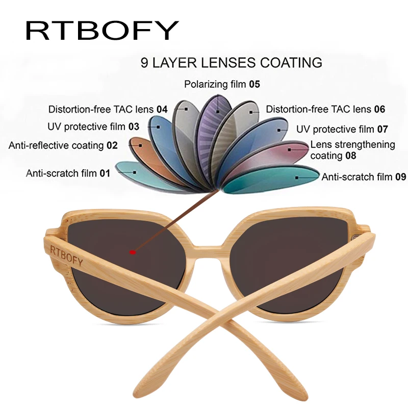 Rtbofy дерево Солнцезащитные очки для женщин Для женщин Bamboo Рамки глаз Очки поляризационные Оптические стёкла Очки с деревянной коробке UV400 защиты оттенков очки