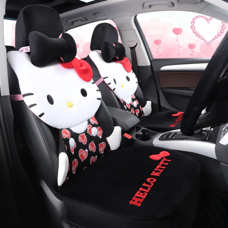 Мультяшный чехол для автокресла hello kitty, теплая плюшевая подушка для автомобиля, набор зимних авточехлов, универсальные аксессуары для всех автомобилей - Название цвета: HK003 Black