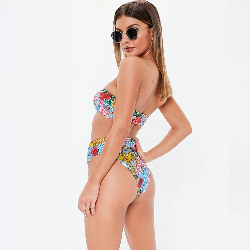 Sexy Floral Bikinis 2019 Brazilian Mononiki Print Thong Biquini High Cut Swimwear Women Bandeau Swimsuit Female Bathing Suit | Женская
