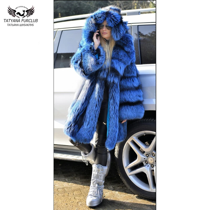 Fashion Royal Blue Natural Fox Fur Coat With Hood Thick Warm Winter 2022 New Luxury Genuine Silver Fox Fur Coat Woman Overcoats
