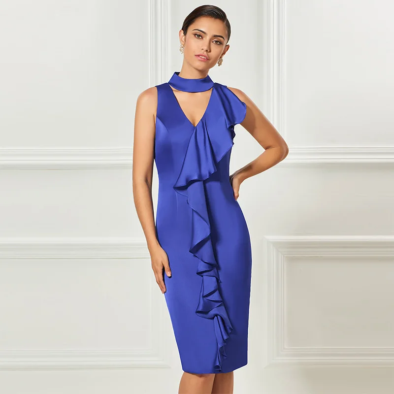 Tanpell backless short cocktail dress indigo halter sleeveless knee length sheath dress women party customed cocktail dresses