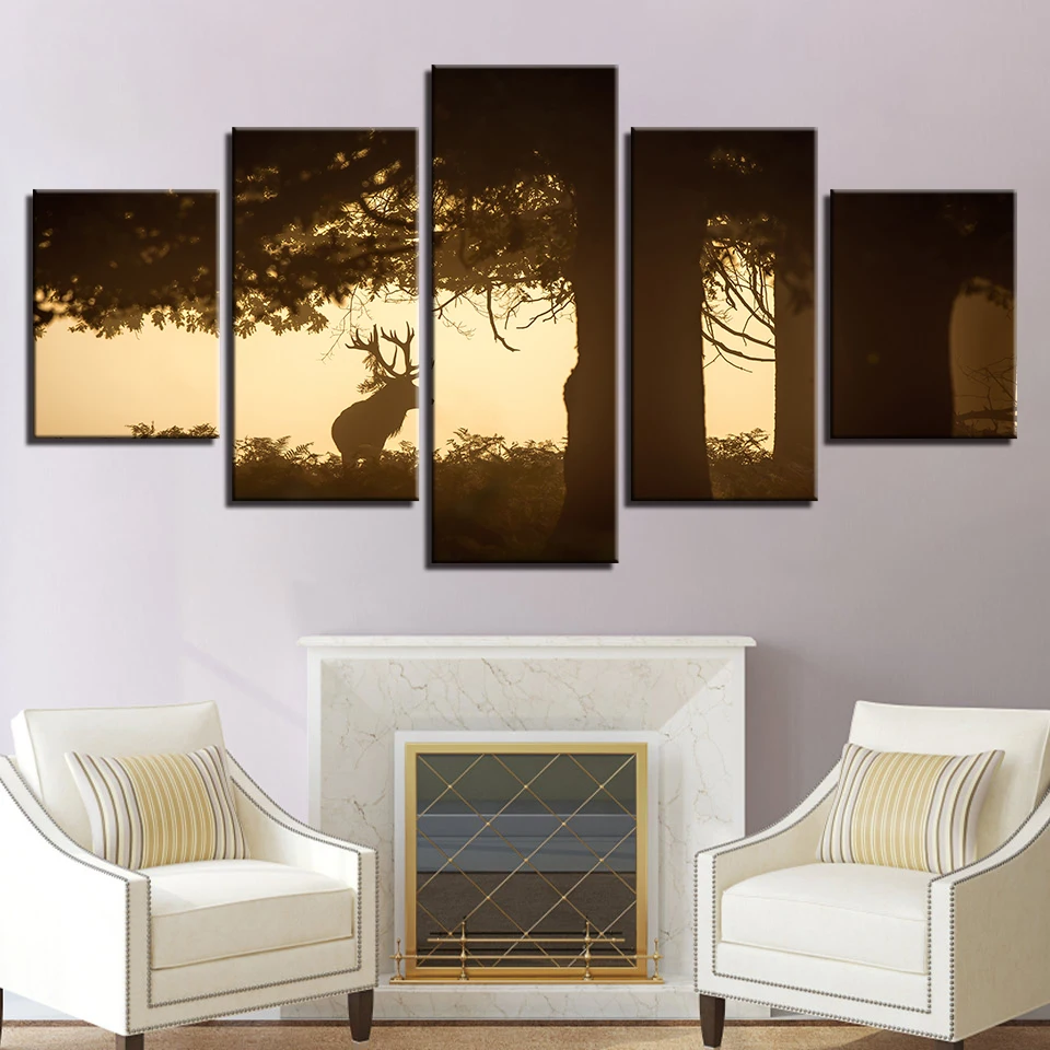 Canvas Paintings Framework HD Prints Wall Art 5 Pieces Deer Under The Big Tree Pictures Sunset Animal Bucks Posters Home Decor | Дом и сад
