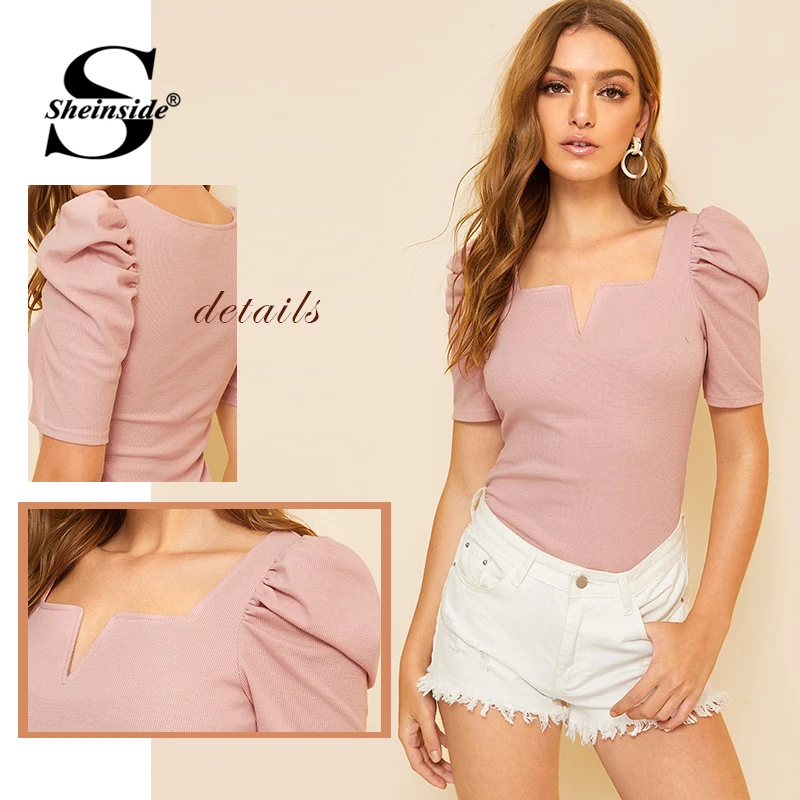 Sheinside, квадратная горловина, v-образный вырез, спереди, Пышный рукав, топ, женская черная футболка, летняя,, элегантная, ребристая вязка, футболка, короткий рукав, топы