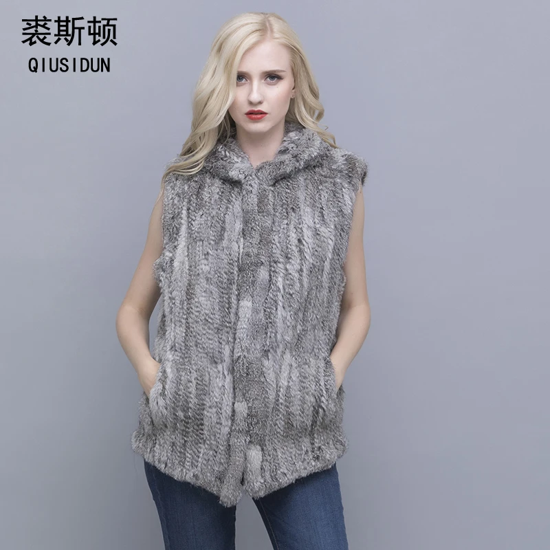Real Rabbit Fur Vests for Women Fur Sleeveless knitting Raccoon Vest Fashionable Leisure Rabbit Skin Vest Pure natural fur vests