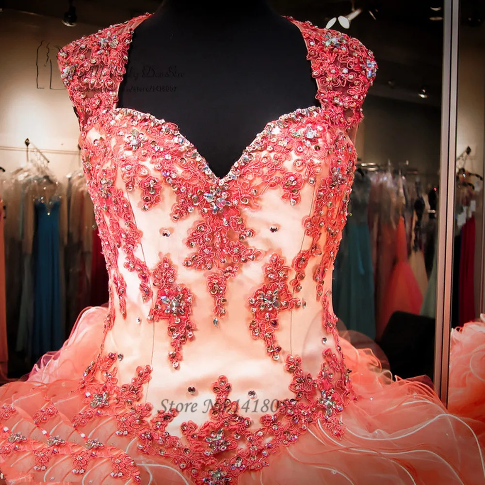 Недорогие платья Бальные из кораллового кружева с бусинами 16 лет 2016|quinceanera dresses