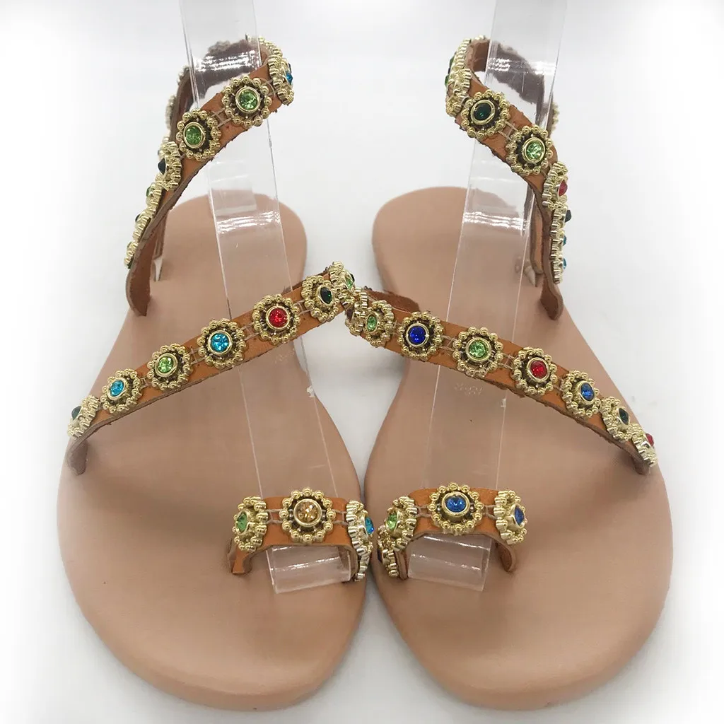 Женские модные сандалии на плоской подошве без шнуровки со стразами