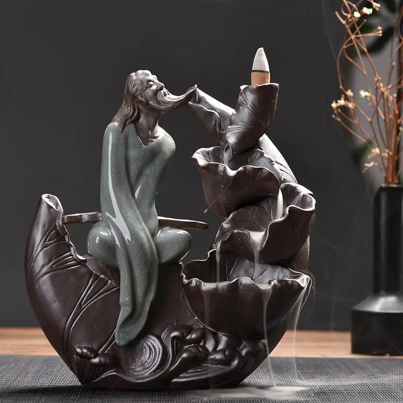 

Chinese Beauty Women Smoke Waterfall Incense Holder Porcelain Crafts Backflow Incense Burner Aromatherapy Home Office Decor