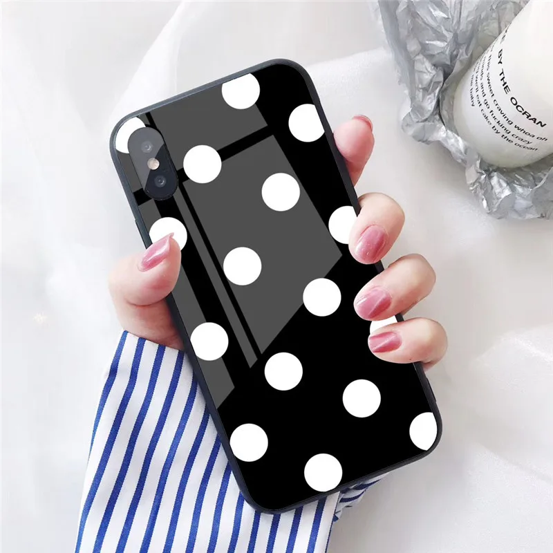 GYKZ Винтажный чехол из закаленного стекла для телефона в горошек для iPhone XS MAX XR X 7 8 6 6s Plus черный белый глянцевый Жесткий Чехол