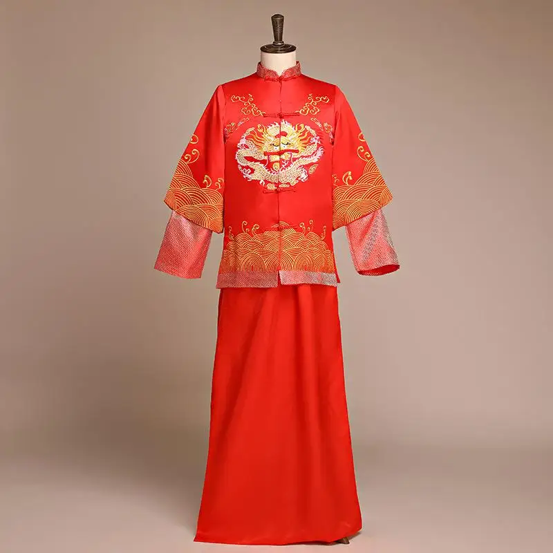 Высокое качество Мужская Свадебная одежда Тан 2 шт. топ и юбка Hanfu Китайская традиционная вышивка дракон Жених Свадебный костюм - Цвет: Red Dragon Suit C