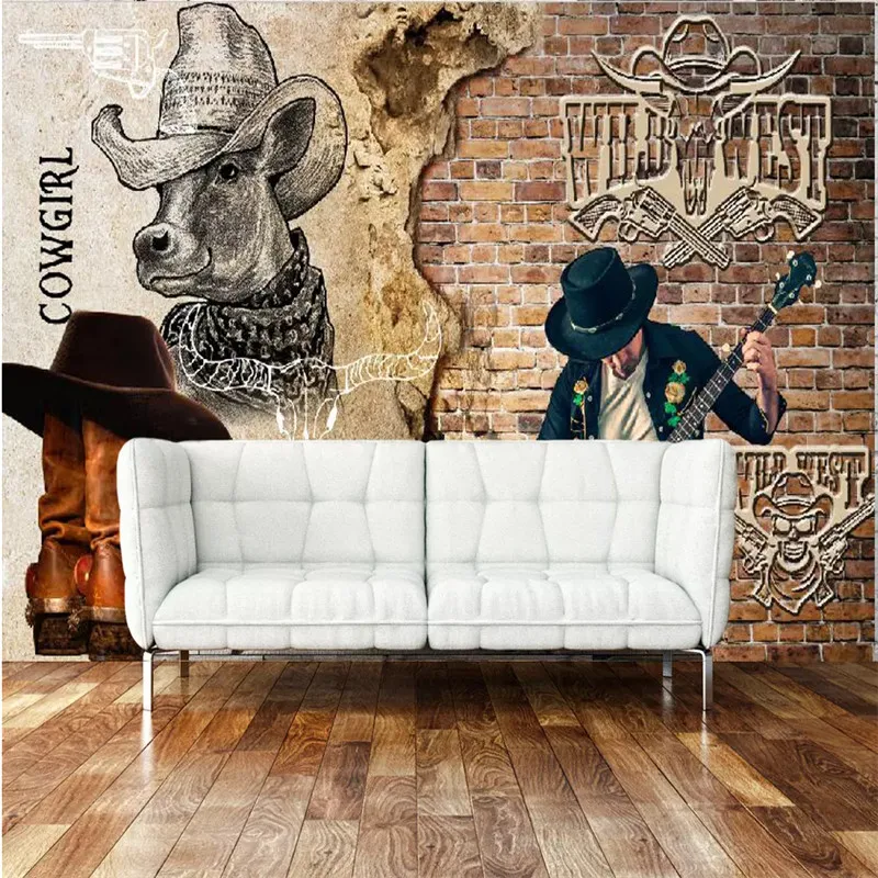Кастомная обоевая панель Brick Wallpaper 3D American Retro Locomotive Cowboy Mural Wallpapers для ресторана Bar KTV Living Room Wall Murals.