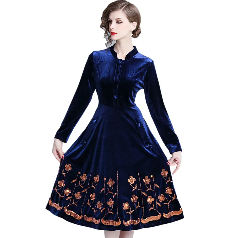 Фото JSXDHK Vestidos женское платье 2021 модное осенне-зимнее синее бархатное с
