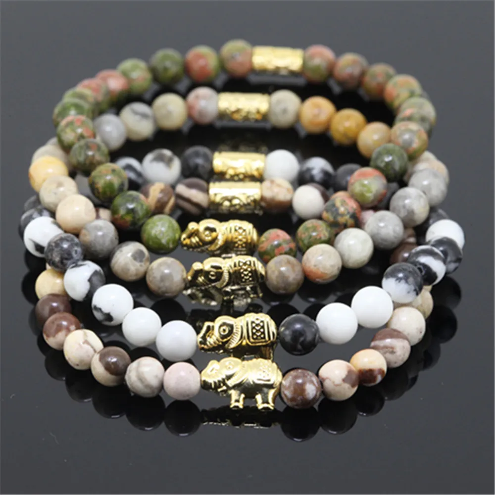 

10pcs Wholesale natural 6mm unakite/Stone/zebra round stone beads bracelet for girl gold color elephant charm women bracelet