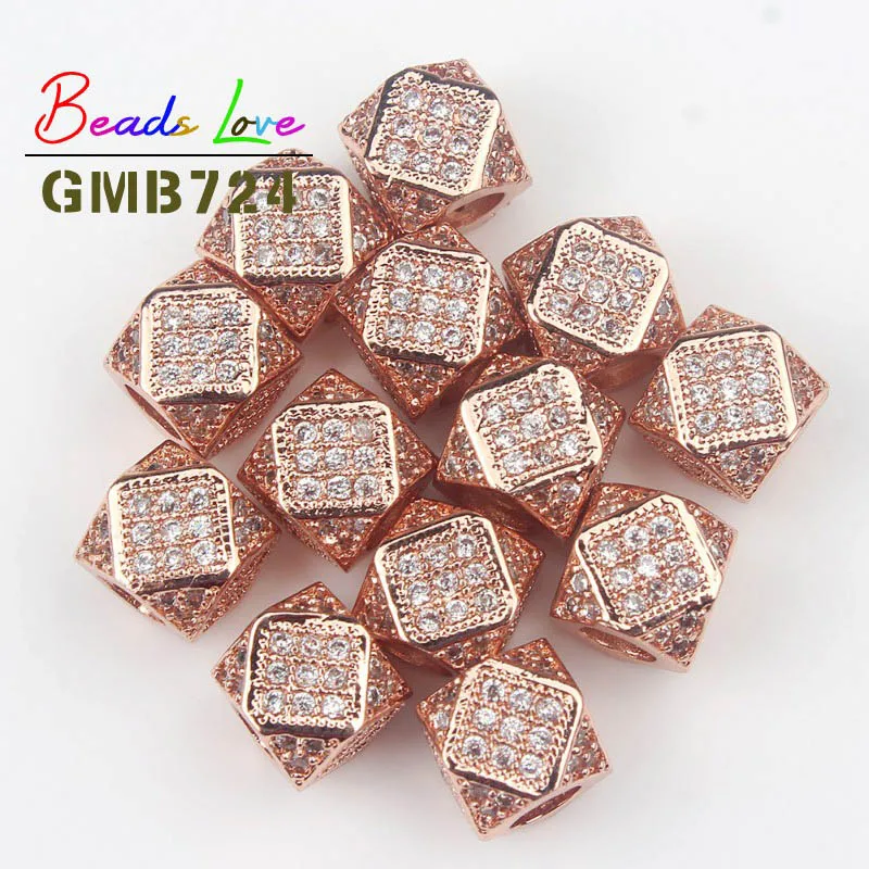 Rose Gold White CZ 3 шт./лот 7x7 мм Геометрическая металлическая медная микро-паве CZ бусины для браслета Подвески для изготовления украшений разделитель со стразами бусины DIY аксессуары - Цвет: Rose Gold White CZ