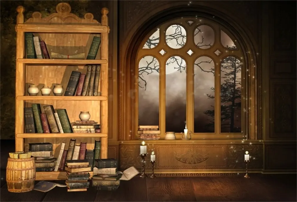 Фон для фотосъемки книжная полка Библиотека Книги в европейском стиле свечи Арка